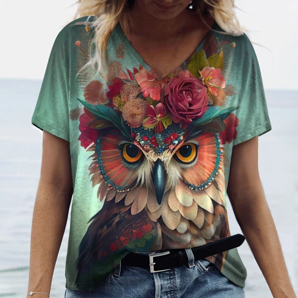 Camiseta con cuello en V para mujer, en 3d camisa con estampado de animales, camisetas divertidas de verano para mujer, ropa informal de gran tamaño