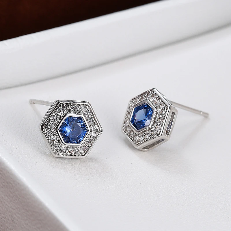 Fashion Simple Silver Plated Blue Stud Earrings Engagement Banquet Exquisite Jewelry Wholesale