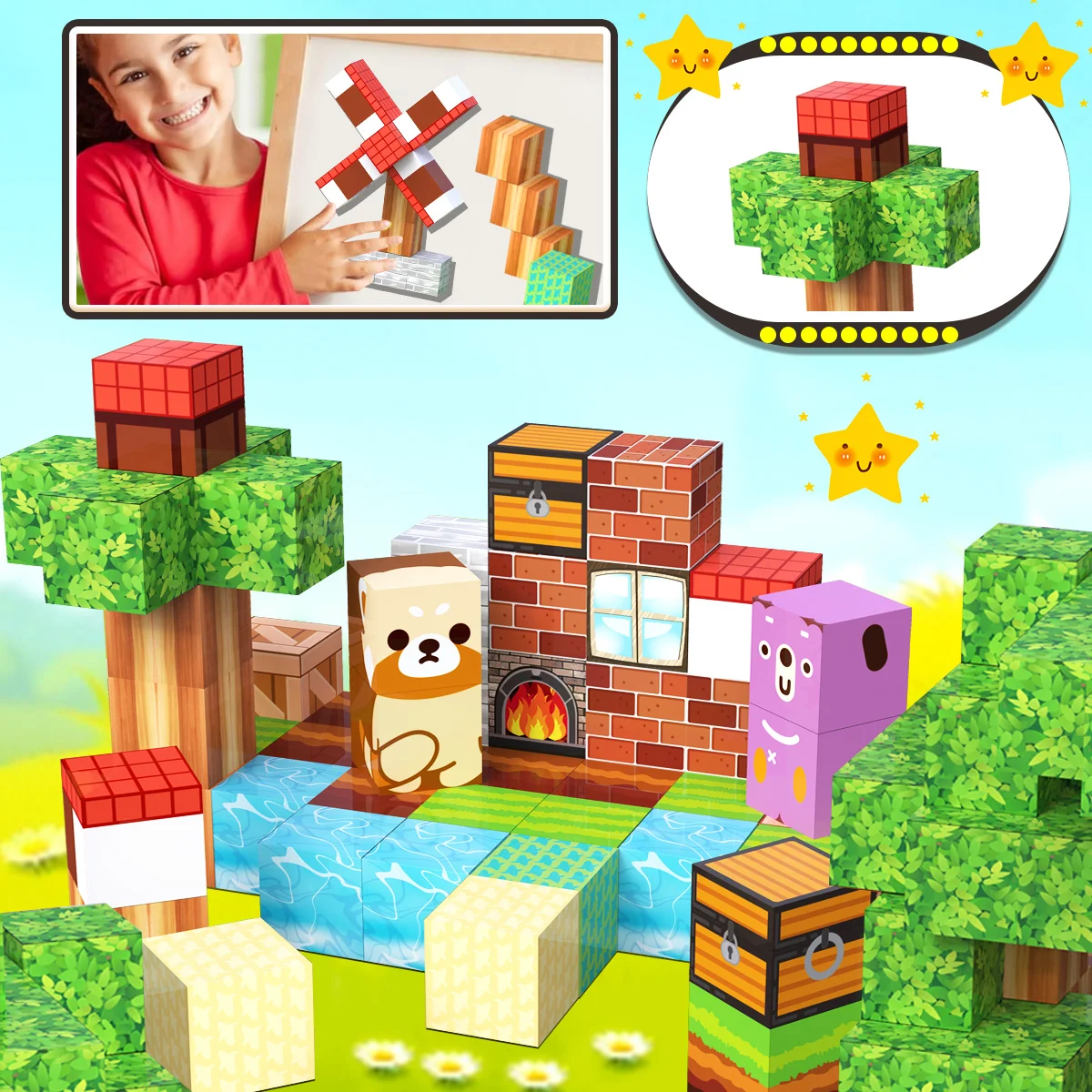 Blocs magnétiques, jouets empilables de construction, blocs magnétiques du monde naturel de prairie, choix idéal pour les jeux en plein air et l'école