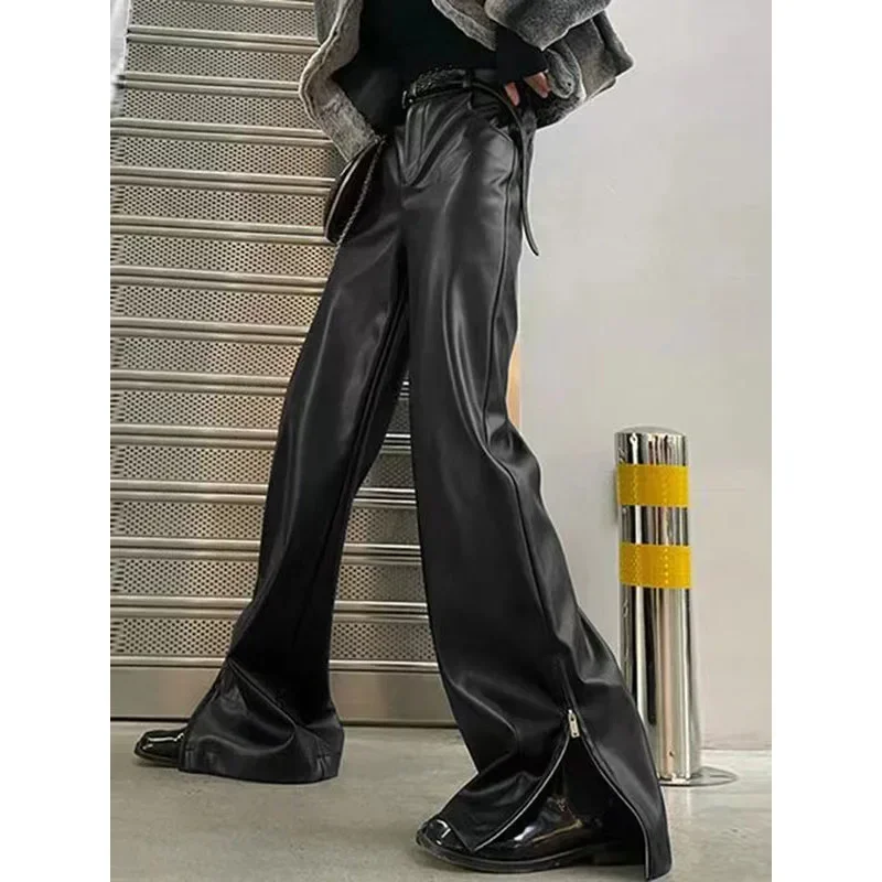 Men's Casual Loose Faux Leather Trousers Pocket Elastic Band High Waist Striaght Pants Hem Zip Side Split Punk Streetwear Custom