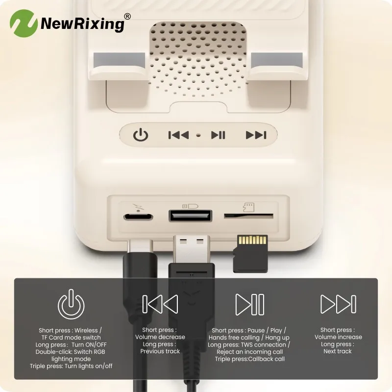NewRixing 6W Wireless Speakers with Phone Holder,Mobile Power Bank, TWS,USB,TF,RGB Lights,Built-in Microphone,Mobile Hands Free