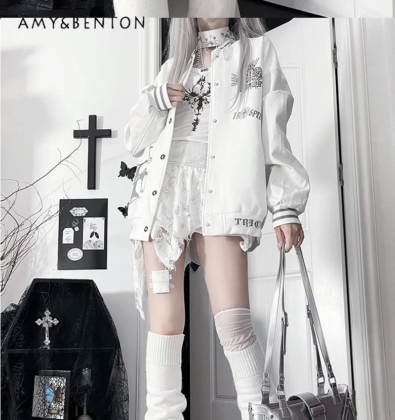 Original American Vintage Embroidered Jacket High Street Letter Cartoon Print Long Sleeve Baseball Jacket Autumn New Goth Coat