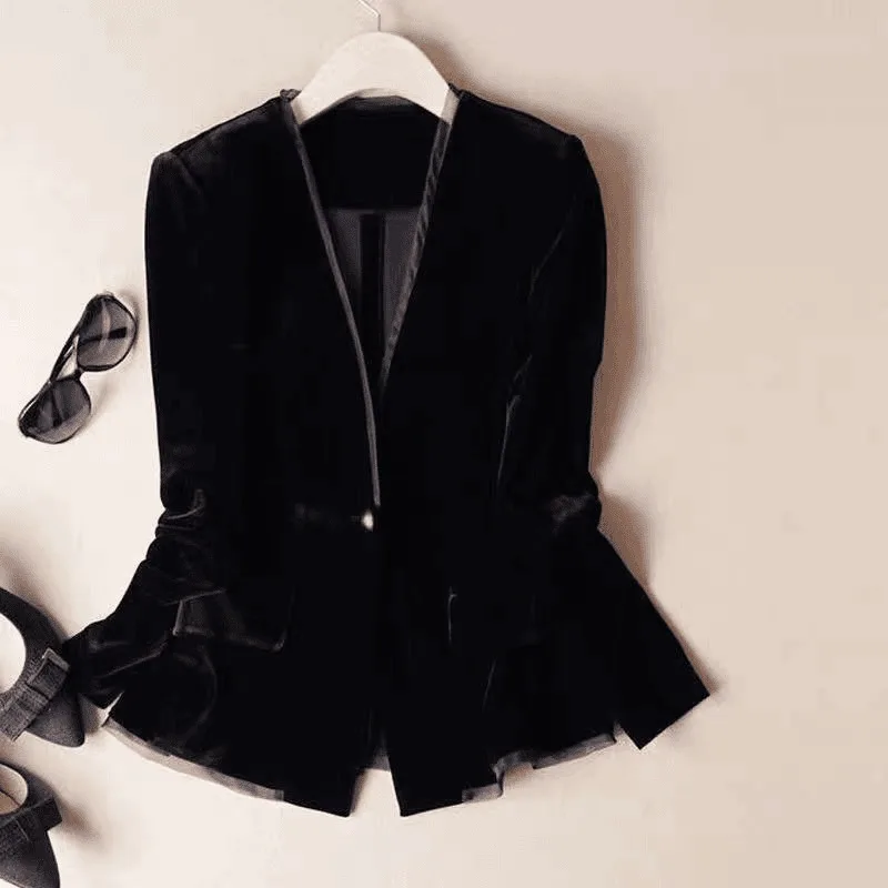 Best-selling Autumn Long-sleeved Coat for Women with One-button Buttons, Stylish, Slimming Versatile Velvet Black Suit Cardigan.