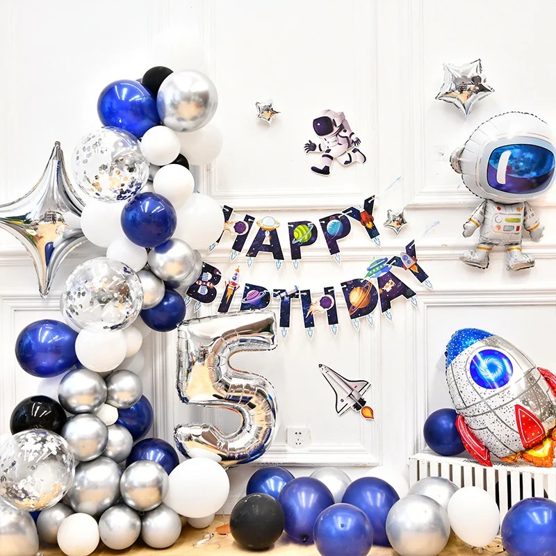 Astronaut Rocket Foil Balloons Out Space Theme Blue Star Earth Printed Latex Air Globos Kids Birthday Party Supplies Baby Shower