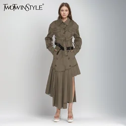 TWOTWINSTYLE Casual Spliced Folds Two Piece Set For Women Lapel Long Sleeve Coat High Waist Patchwork Button Solid Sets Female