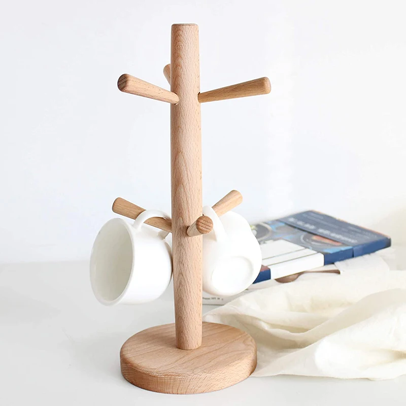 2 Pcs Wood Mug Rack Tree,Coffee Cup Holder With 6 Hooks,Coffee Mug Stand For Kitchen Counter,Tea Cups Holder,Cup Dryer