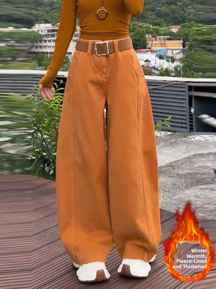 

Fall Winter Women's Thickened Fleece Lined High Waist Straight Leg Pants Orange Knife Pants Pear Shape Slimming Trousers