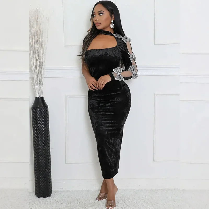 Sexy One Shoulder Velvet Maxi Dress Women Evening Night Club Party Halter Long Sleeve Bow Tie Prom Elegant Long Dresses Gown