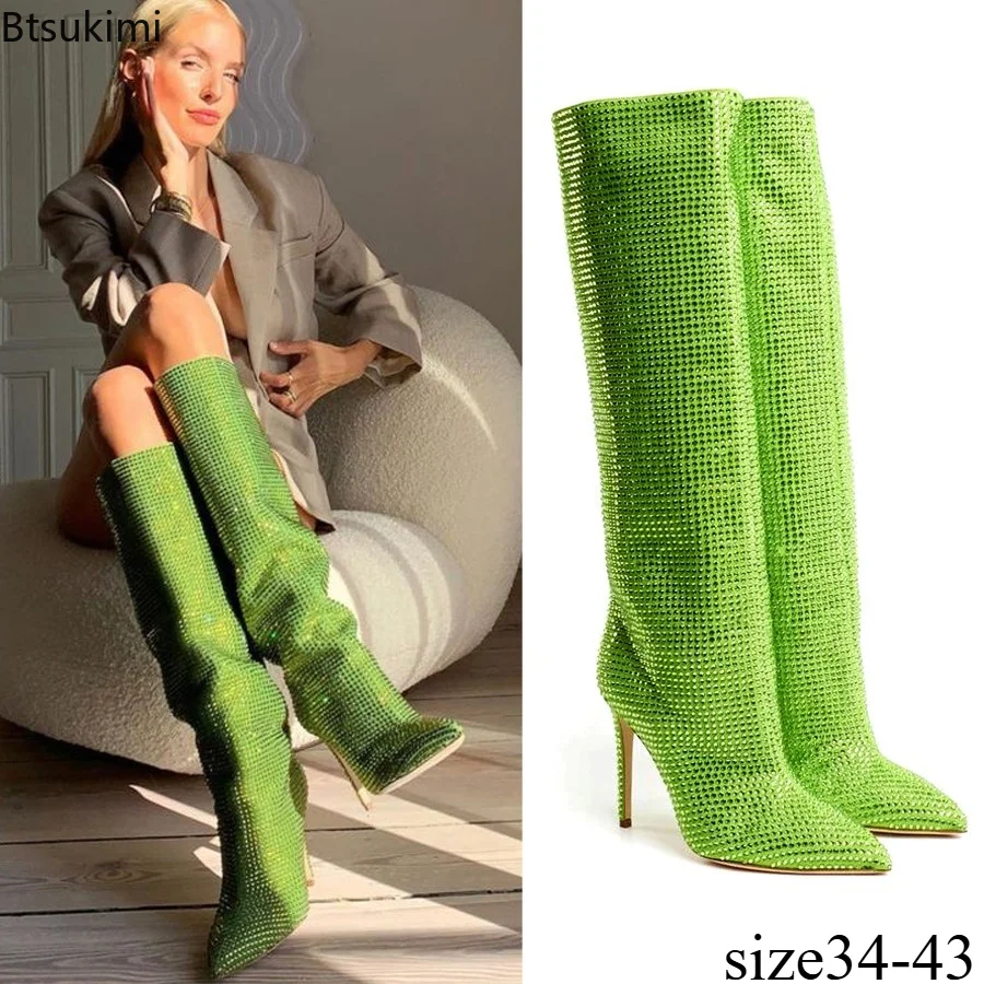 New Women's Sequined Full Diamond Rhinestone Slim Heel Knee High Boots Fashionable Pointed Long Tube Sexy Fashion Runway Shoes