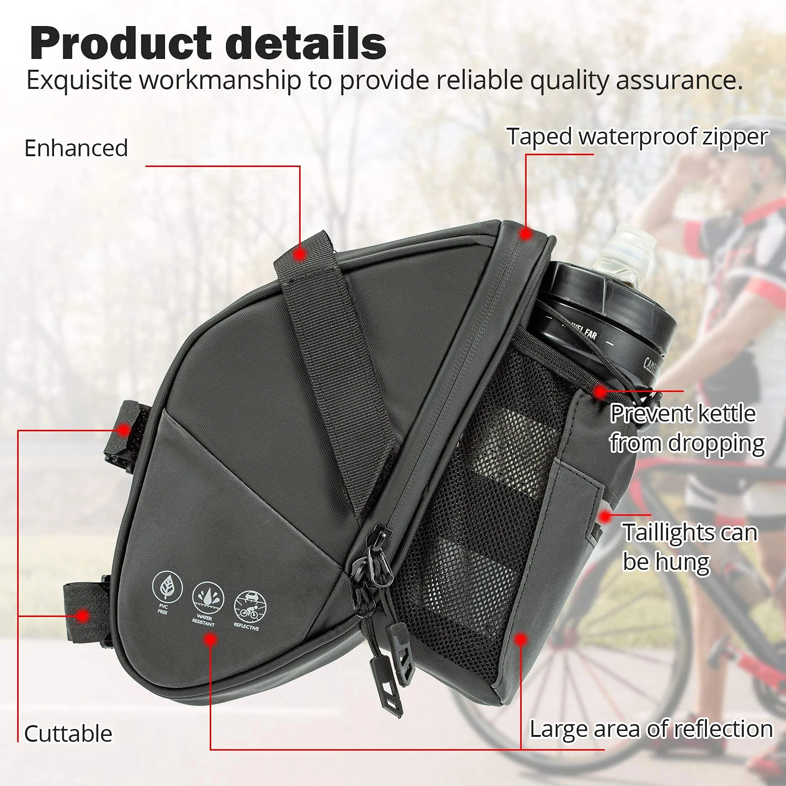 Bike Saddle Bag Waterproof Bike Rear Under Seat Storage Bag Water Bottle Pocket Cycling Pouch for MTB Mountain Road Bike 1.5L