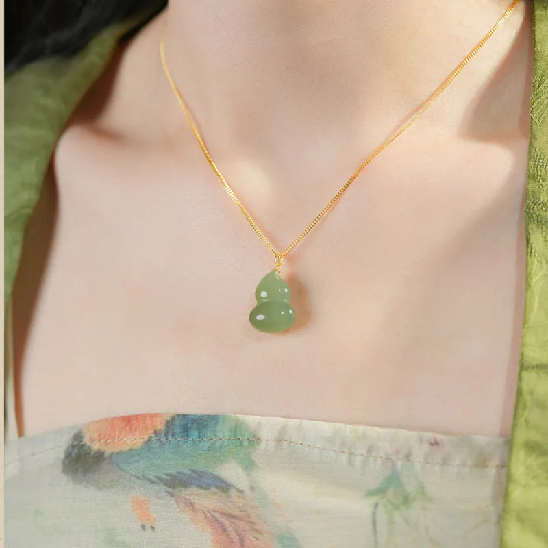 

Natural Hetian Jade Light Blue Gourd Pendant Necklace 18K Gold Inlaid Unisex Fashion Jewelry