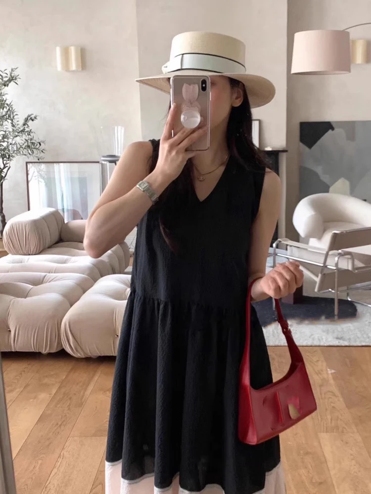 فستان نسائي أنيق بتصميم كلاسيكي وياقة على شكل V بدون أكمام، تنورة طويلة أنيقة للعطلات بتصميم كوري فضفاض يبرز الخصر #4