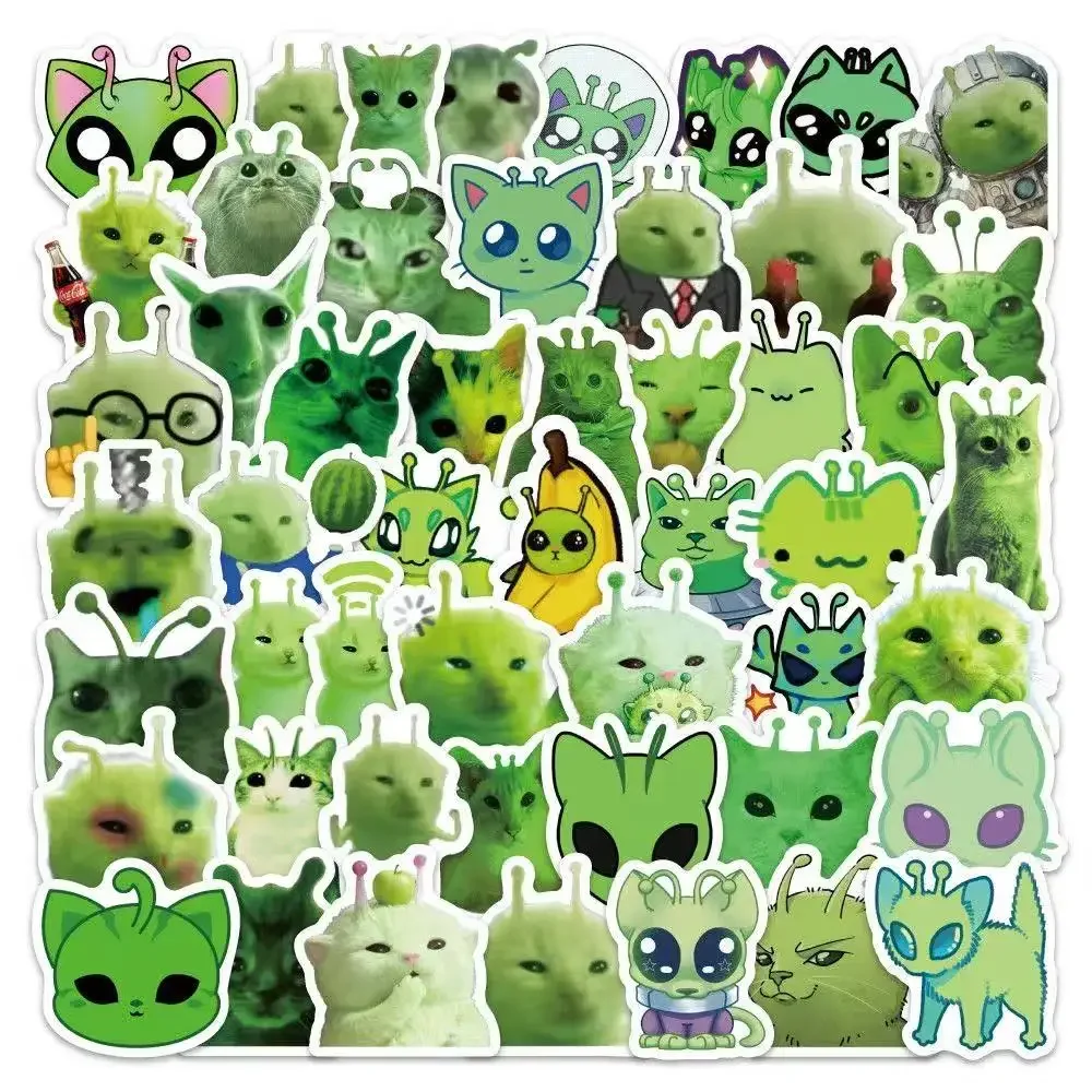 200pcs Funny Alien Cat Meme Stickers Green Alien Decals For Phone Laptop Suitcase Notebook Skateboard Alien Cat Stickers