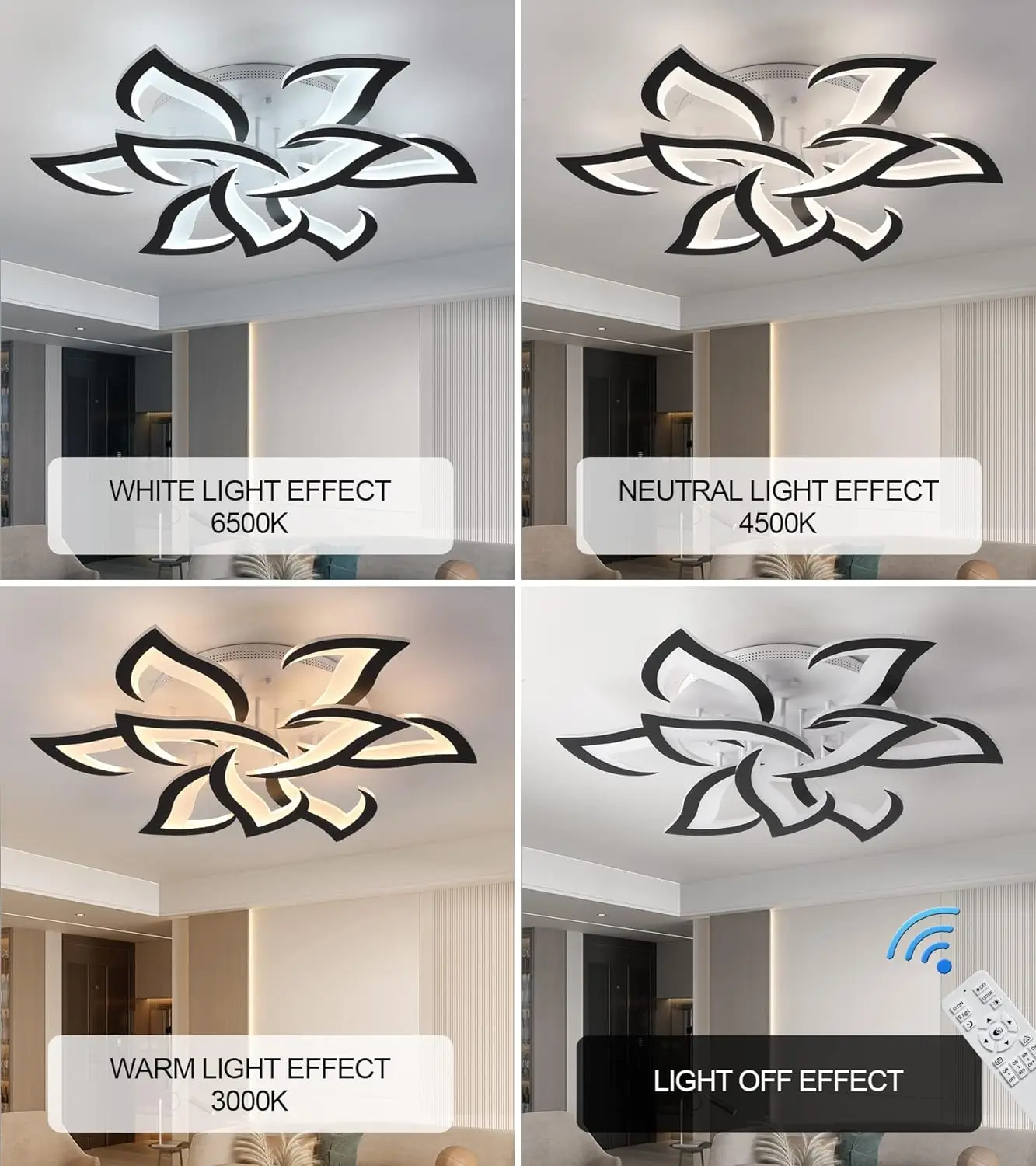 Ceiling Light Fixture Modern Black Led Flower Light Fixtures Ceiling Mount With Remote Control For Living Room, Bedroom,