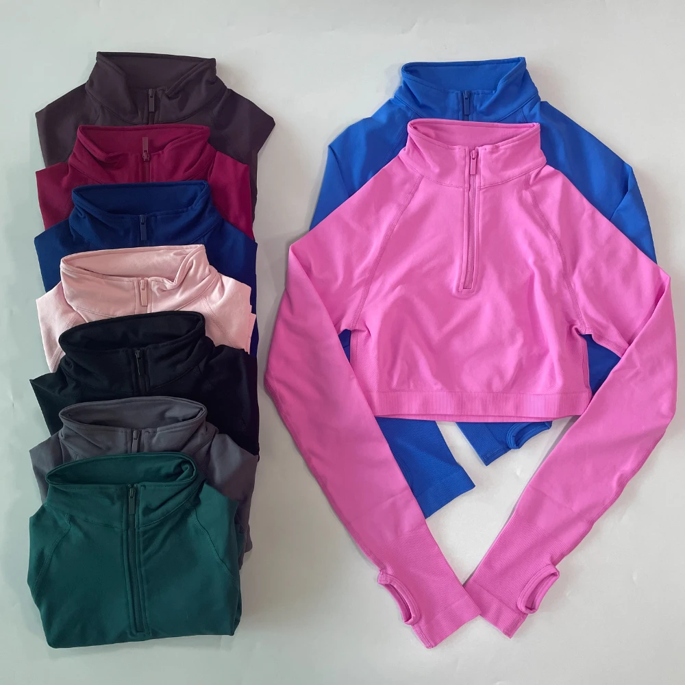 Crop Zippy Top Yoga Shirts Women Long Sleeve Crop Top Sports Tops Thumb Holes Fitness Gym Top Running Workout Clothes Activewear