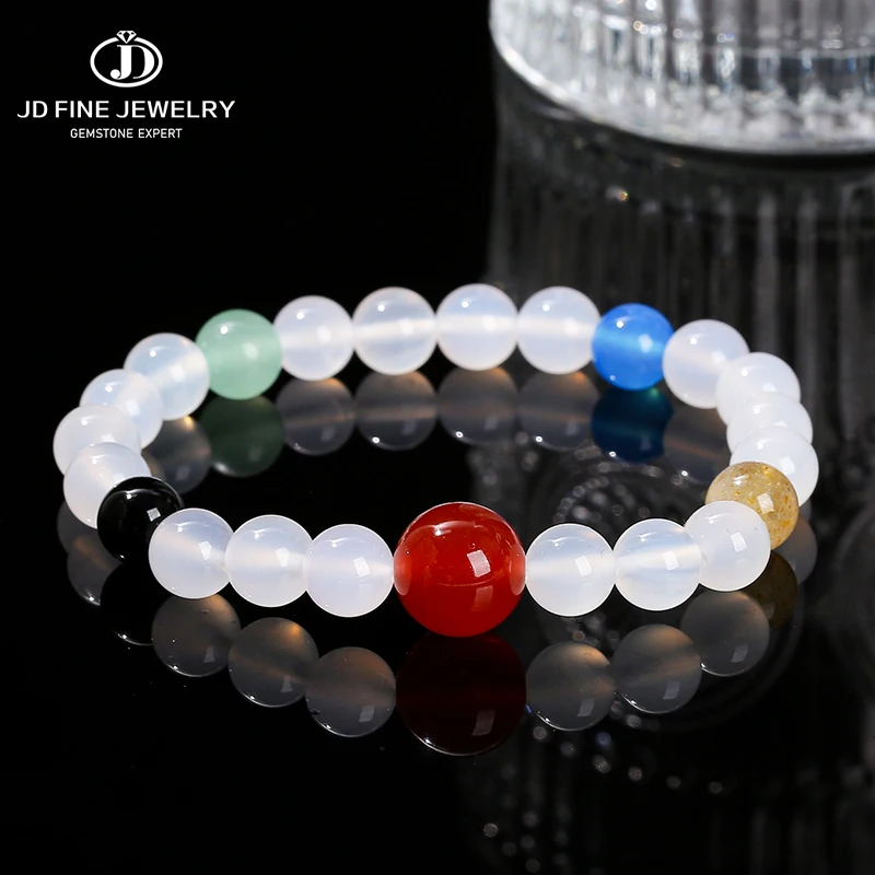 JD 7A Natural White Agate Five Elements Fengshui Lucky Bracelet Women New Design Round Bead Stretch Bracelet Single Cirlce Gift