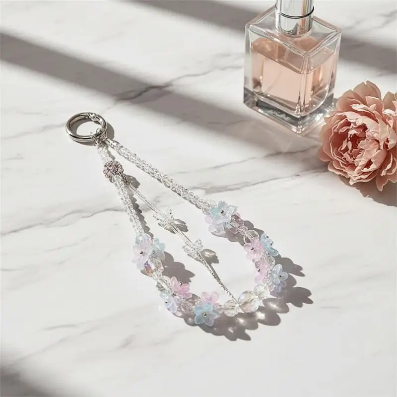 

Colorful Flower Beaded Crystal Mobile Phone Chain Pendant Short Wrist Portable Lanyard For Cell Phones