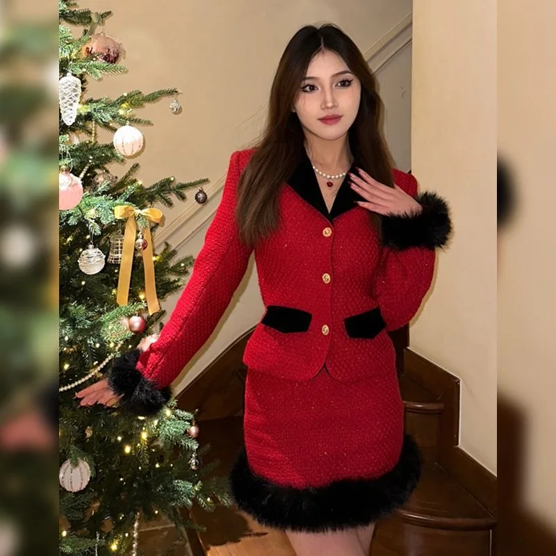 Autumn Warm Women's Two Pieces Set Korean Fashion French Vintage Design Red Blazer and Skirt Set Ccasual Events Female Clothing