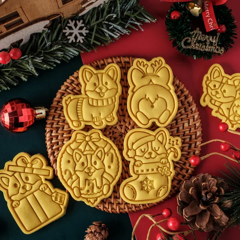 Christmas Dog Cookie Mold Cartoon Corgi Biscuit Cutter Holiday Fondant Cake Decoration Cutting Mold Baking Tool Kitchen Gadgets