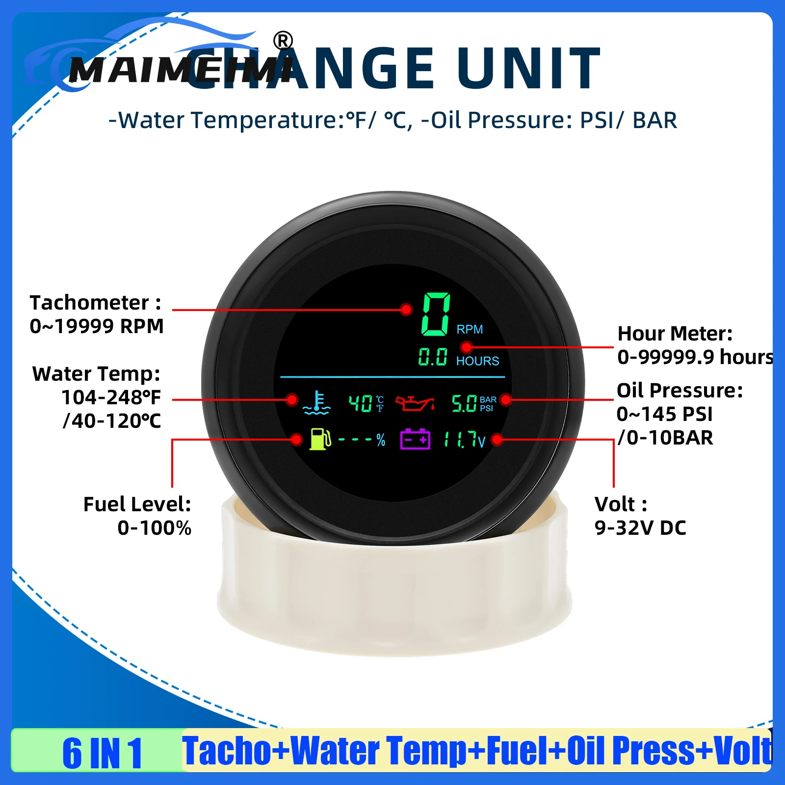 

MAIMEIMI Multi-Meter 6IN1 Digital 85mm Tachometer+Water Temperature+Oil Pressure+Fuel Level Gauge+Volt+Hourmeter Car Boat Yacht