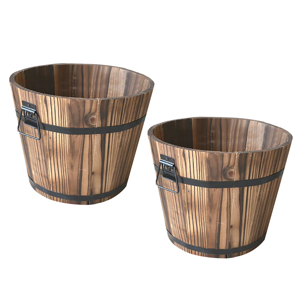 Set Of 2 Rustic Wood Bucket Barrel Whiskey Flower Garden Decoration Planters Pot with Handle for Home flower pot