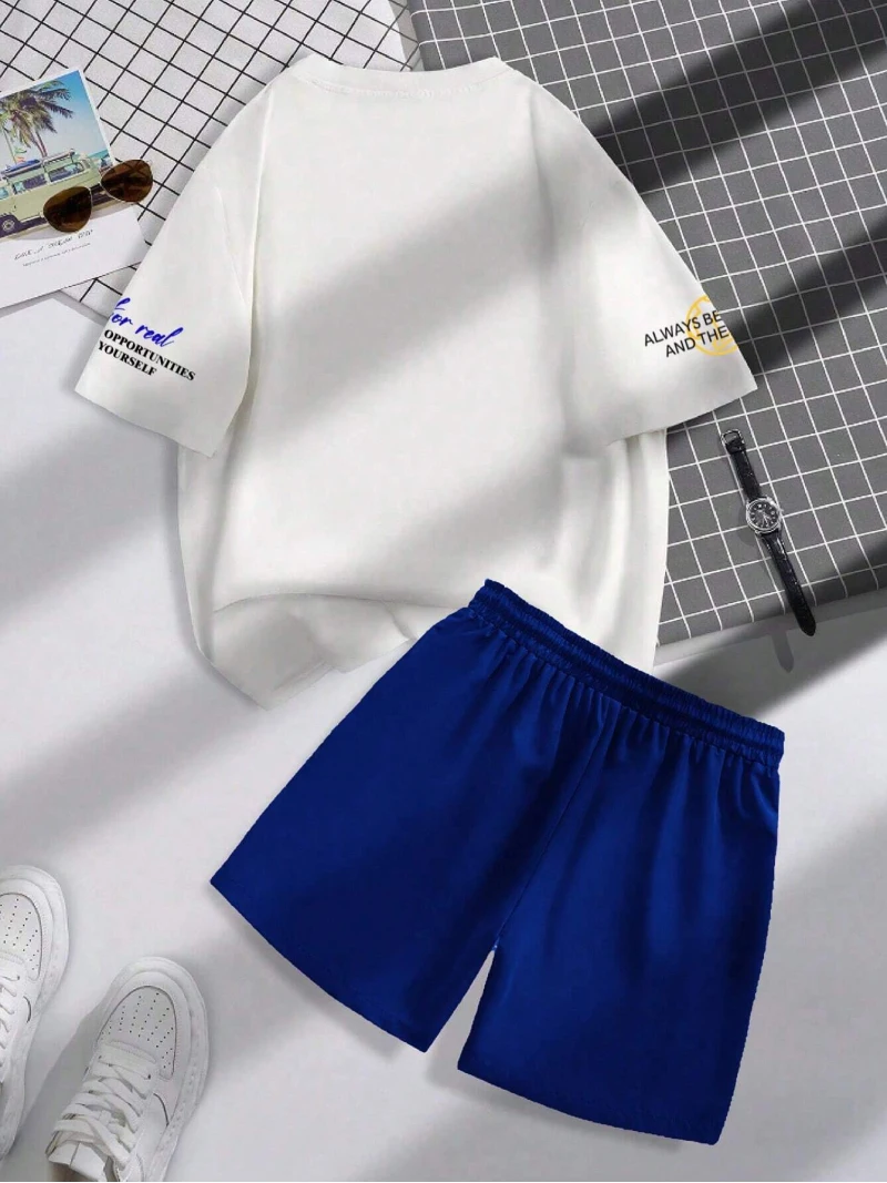 Summer Trend Men's Round Neck Short Sleeve Set Fashion Personalized Alphanumeric Print Round Neck T-shirt and Shorts Two Piece