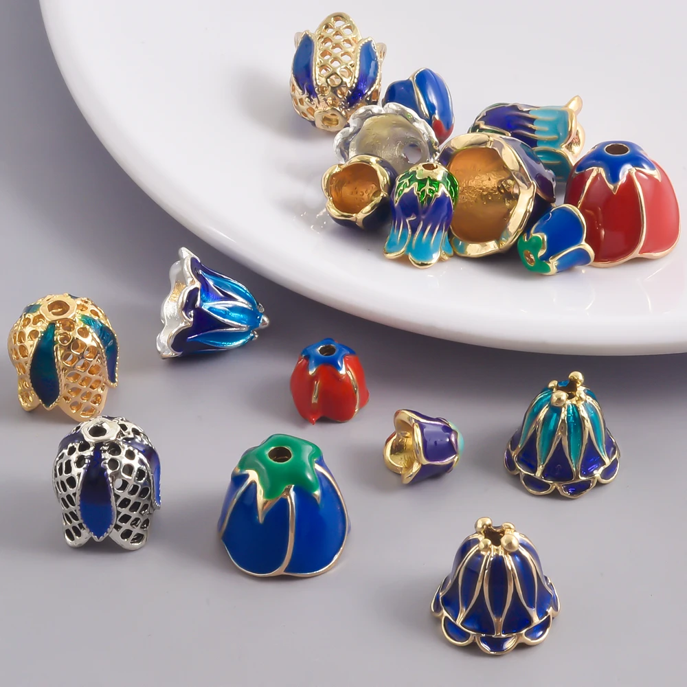 6pcs Enamel End Caps Charms Zinc Alloy Metal Bead Caps Cloisonne Bead Caps Copper Plated Flower Beads For Jewelry Findings