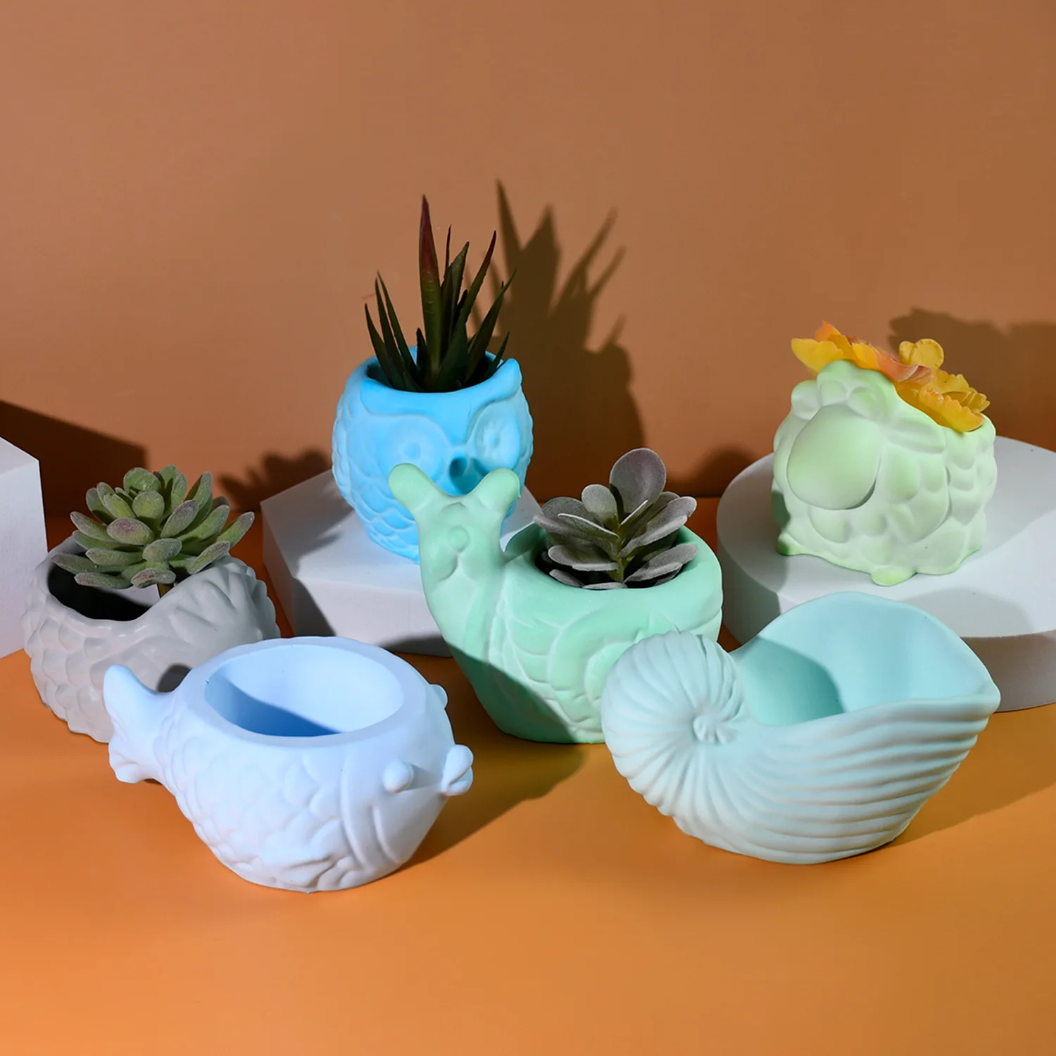 New DIY Animal Gypsum Epoxy Silicone Molds Snail Owl Succulent Flower Pots Mold Home Ornaments Decoration Mould For Resin