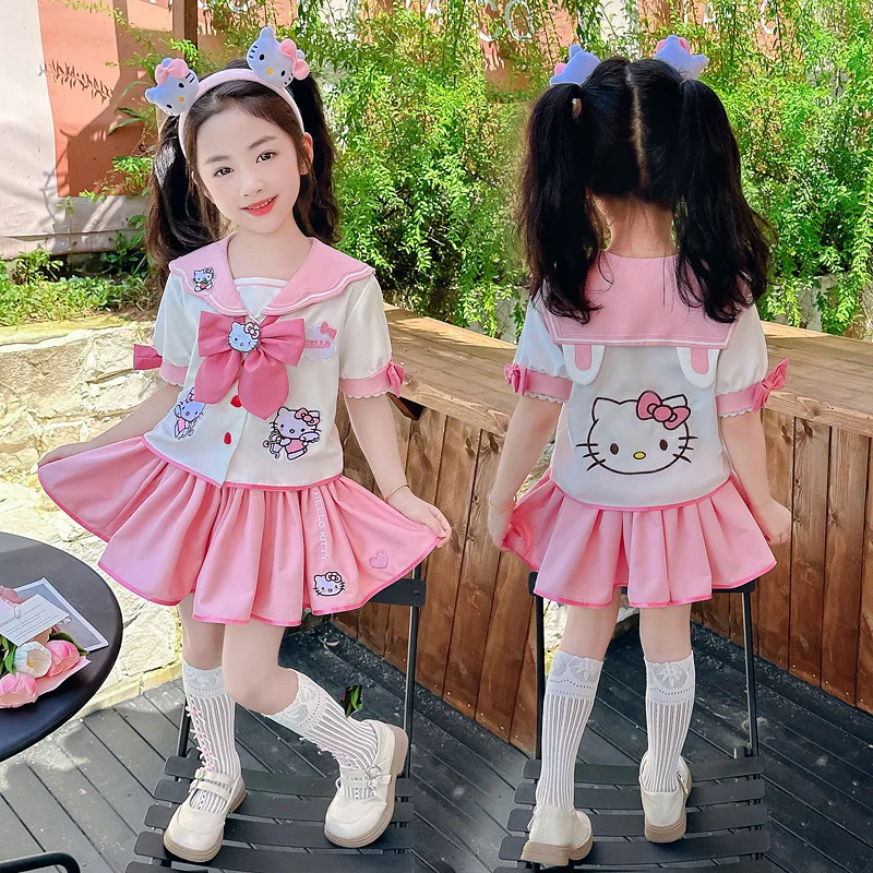 Kawaii Hello Kittys Girls Jk Skirt Suit Summer Kids Preppy Short Sleeve Pleated Skirt Two Piece Set Fashion Princess Style Skirt