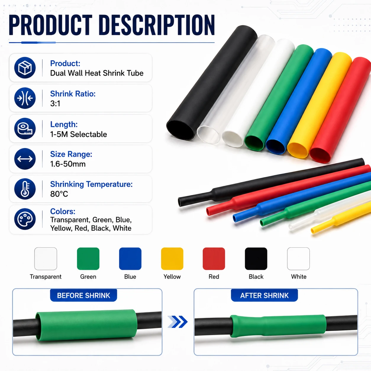 1-5M 3-1 Dual Wall Heat Shrink Sleeve 1.6-50mm, Adhesive Lined Waterproof Seals Insulation Tubing Wire Wrap Kit
