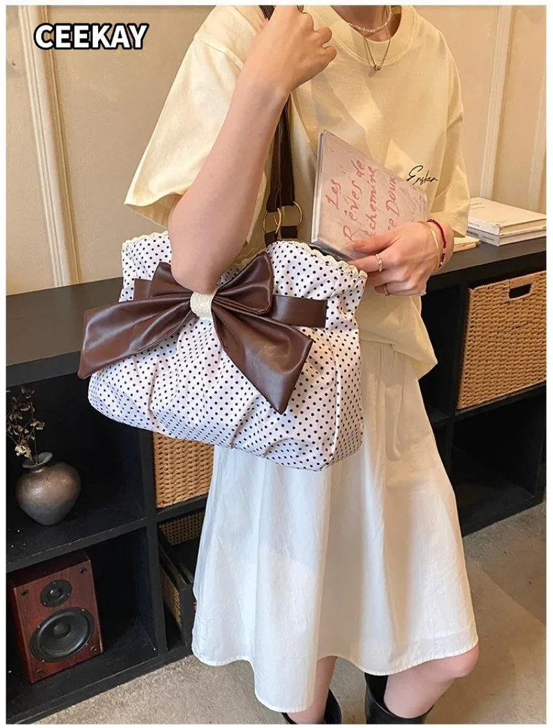 CEEKAY Women's Tote Bag White Polka Dot Canvas Large Bow Detail Shoulder Handbag Zipper Daily Commute Casual Fashion image 5