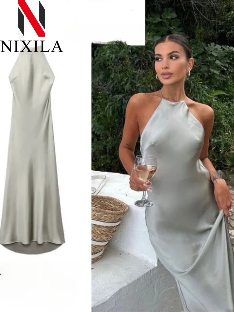 Wiosenna letnia damska sukienka maxi bez rękawów Satynowa sukienka w europejskim stylu amerykańskim Seksowna wieczorowa suknia bankietowa