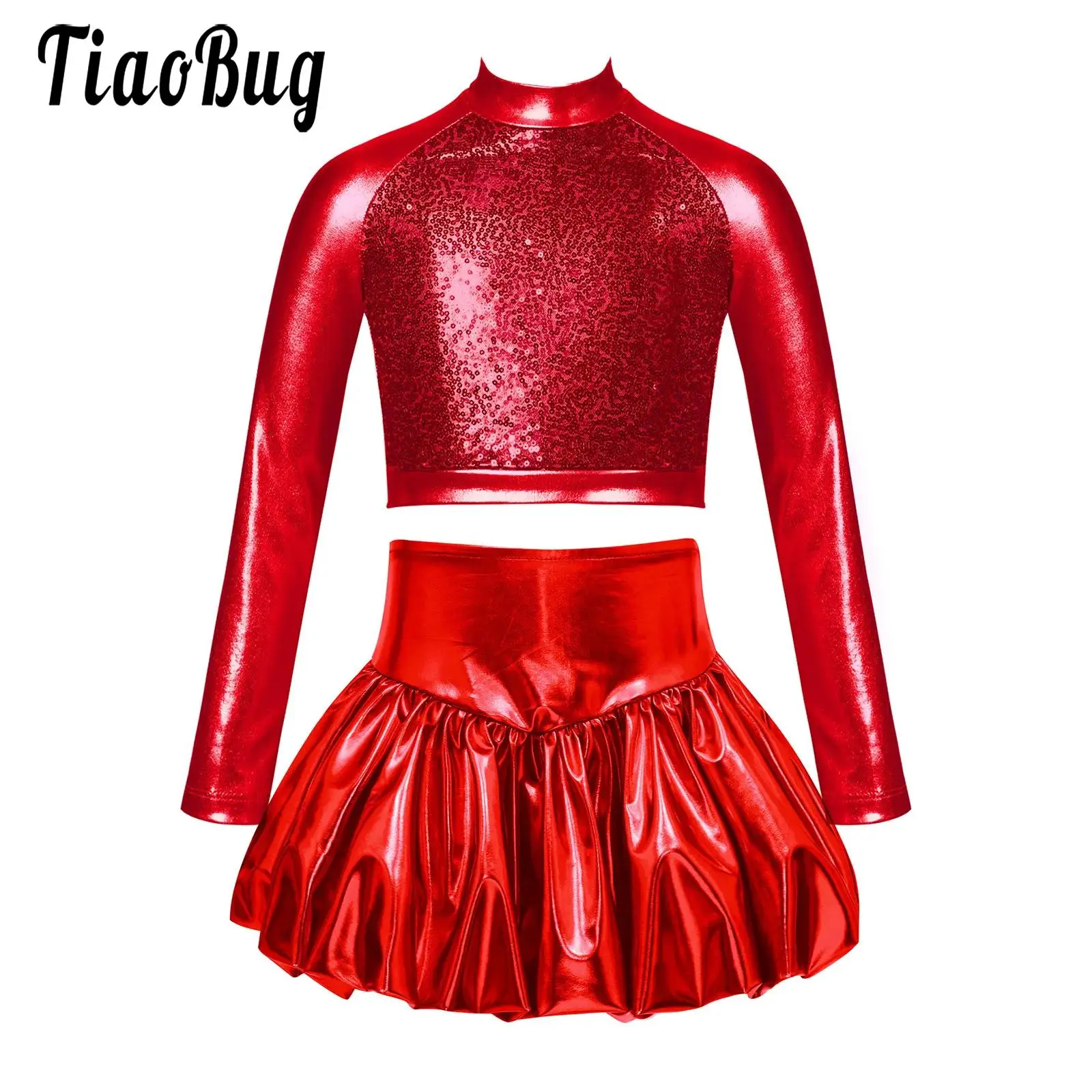 

Kids Girls Jazz Street Dance Performance Costume School Show Outfit Sets Long Sleeve Sequin Metallic Crop Top with Bubble Skirt