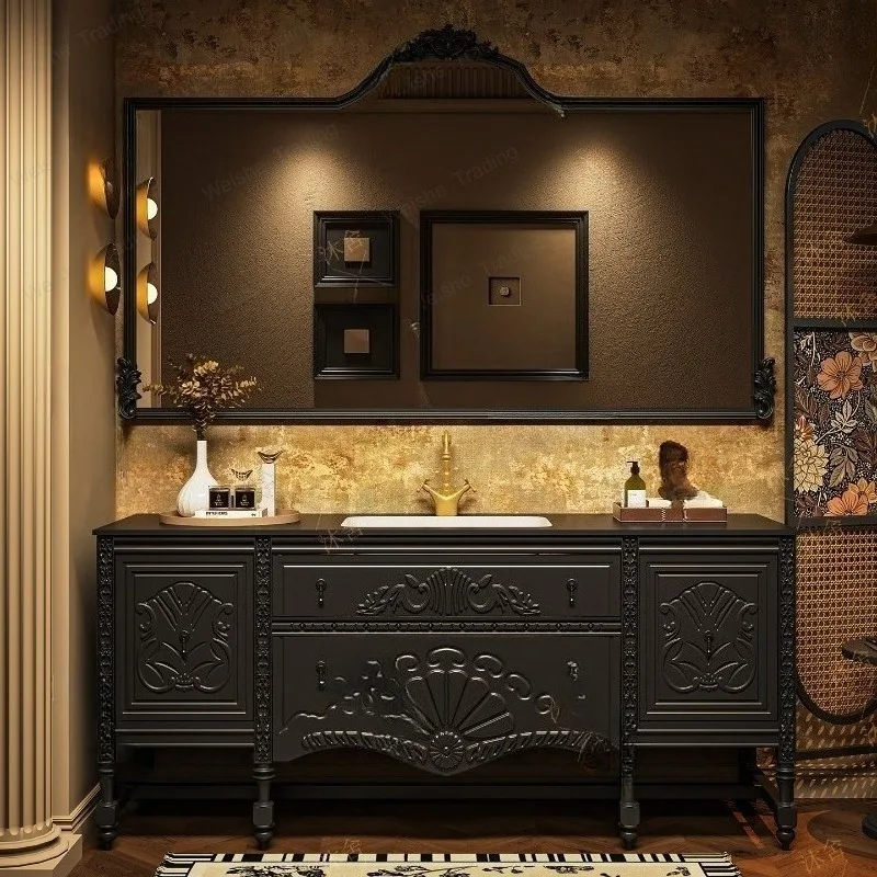 

Oak floor-to-ceiling French retro bathroom cabinet combination bathroom wash basin wash table hot bending integrated