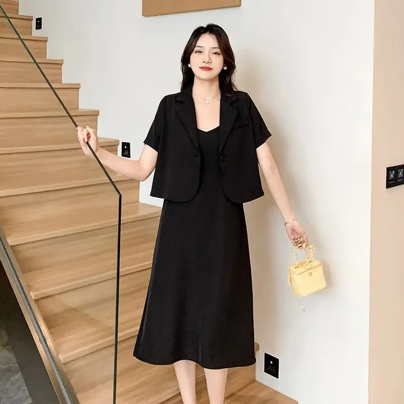 Insozkdg Elegant Casual Women Summer Fashion Dress Suit Office Blazer Jacket + Spaghetti Strap Vestidos Two Piece Set Femme New