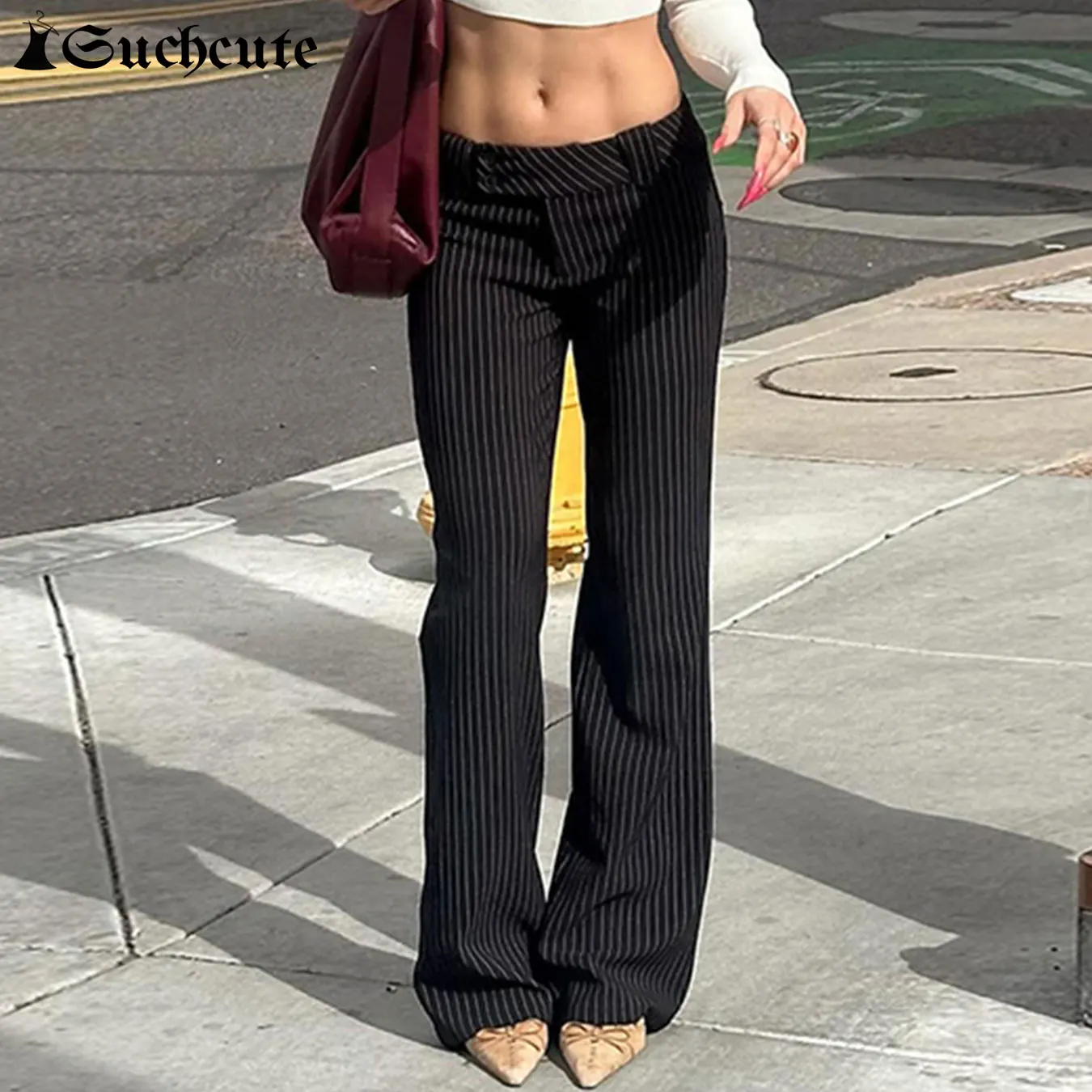 SUCHCUTE Vintage Low Rise Striped Flare Pants High Street Women Casual Trousers Aesthetic 90s Korean Office Lady Pants 2024 New