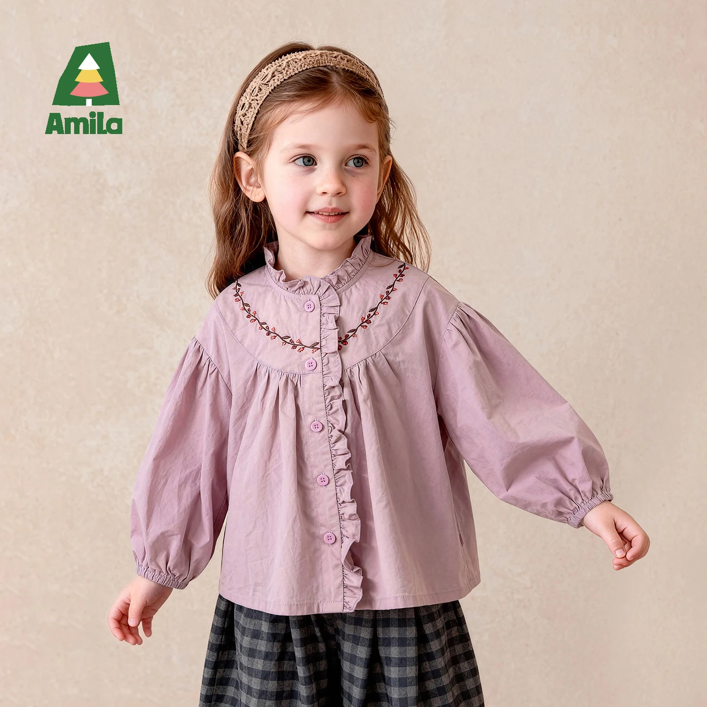 Amila 2026 Autumn New Kids Shirt Doll Blouse Autumn Floral Fruit Embroidery Pattern Design Fashion Long Sleeve Top