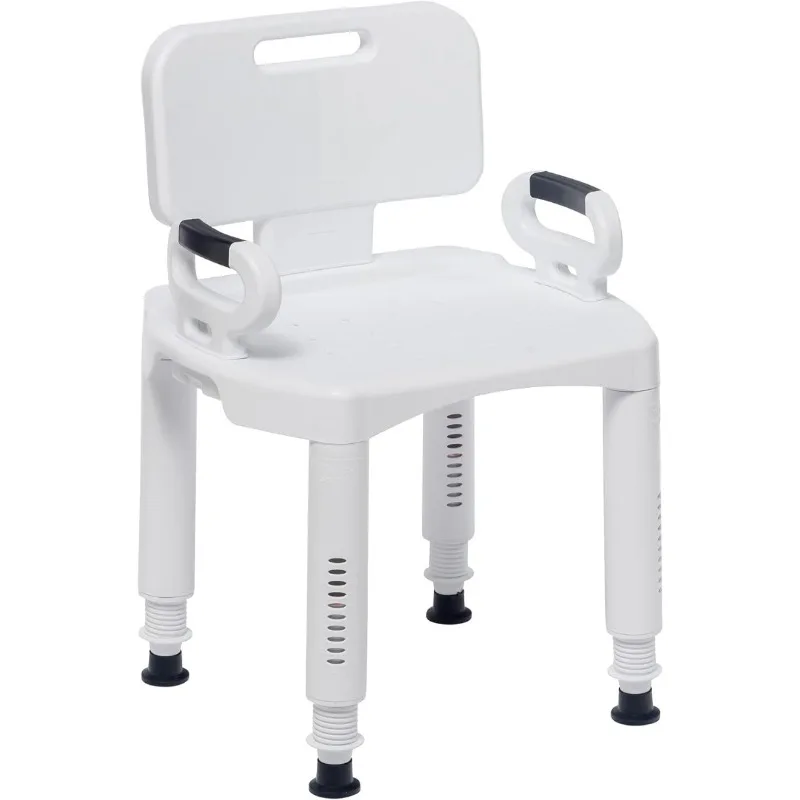 Adjustable Elderly/Handicap Bathroom Bench with Back and Arms, with Suction-Style Tips on the Legs,White