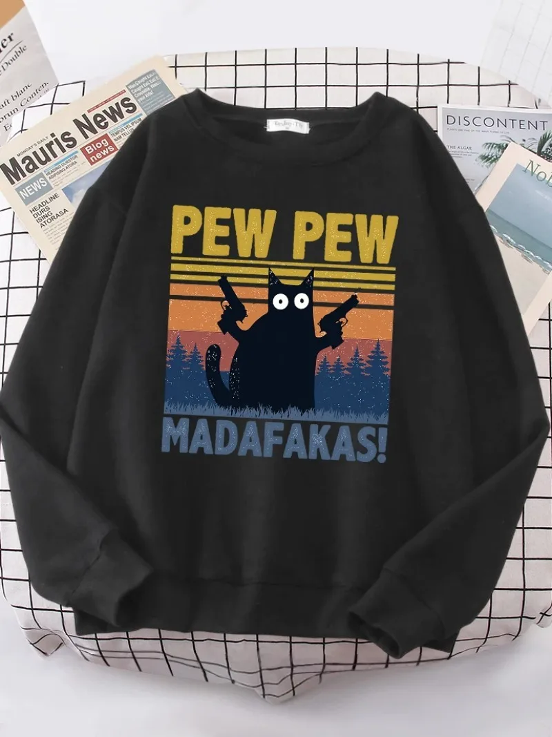 Funny Women's Hoodies Fashion All-match Hoodie Warm Fleece S-XXL Hoody High Quality Clothes Cartoons Cat Pew Pew Madafakas