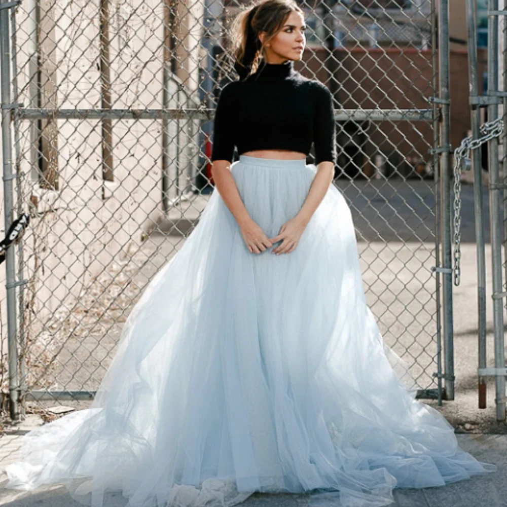 

Romantic Light Blue A-line Long Tulle Wedding Skirts Tutu Tulle Bridal Skirt With Train Women Tulle Skirt