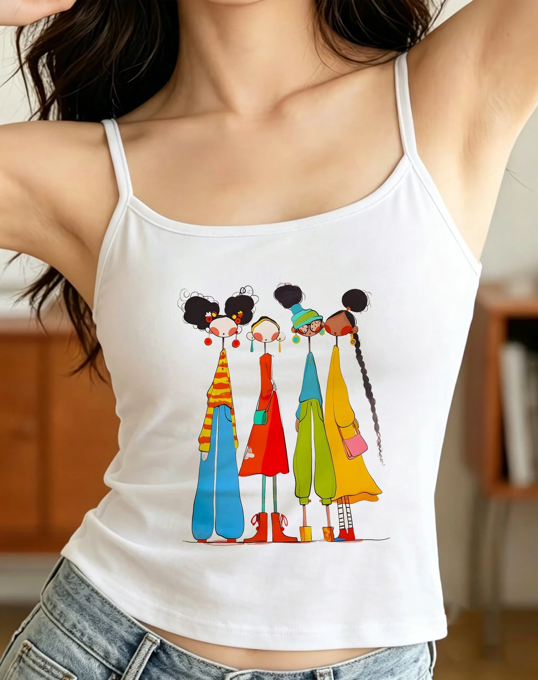 Y2K Aesthetic Abstract Cartoon Character Print Women Spaghetti Strap Sleeveless Slim Fit Streetwear Cami Tank Top