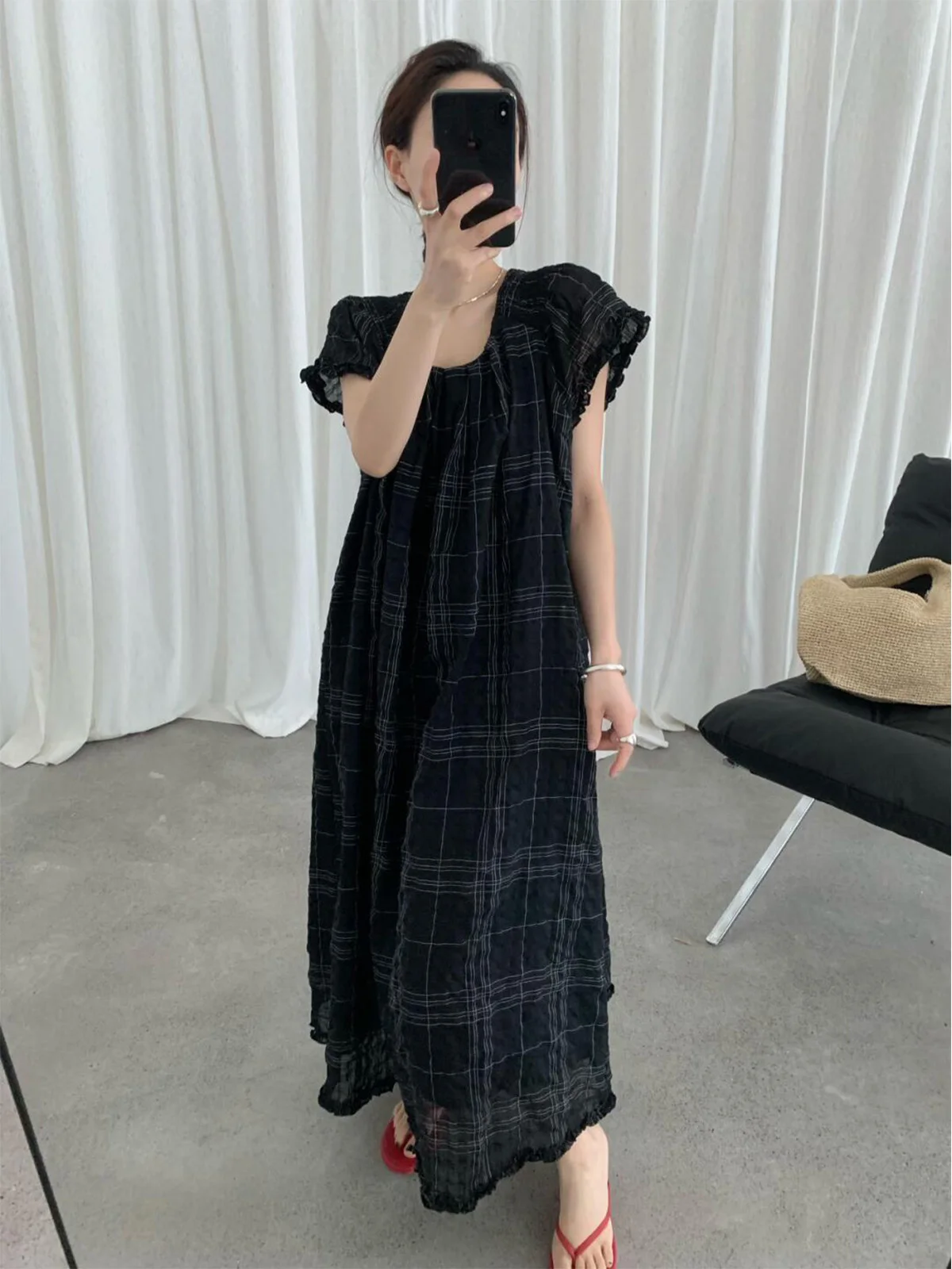 

Bla Plaid Dr with Flng Sves Textured Retro Korean Sle A-Line Silhouette for Young Women Spring Autumn Winter