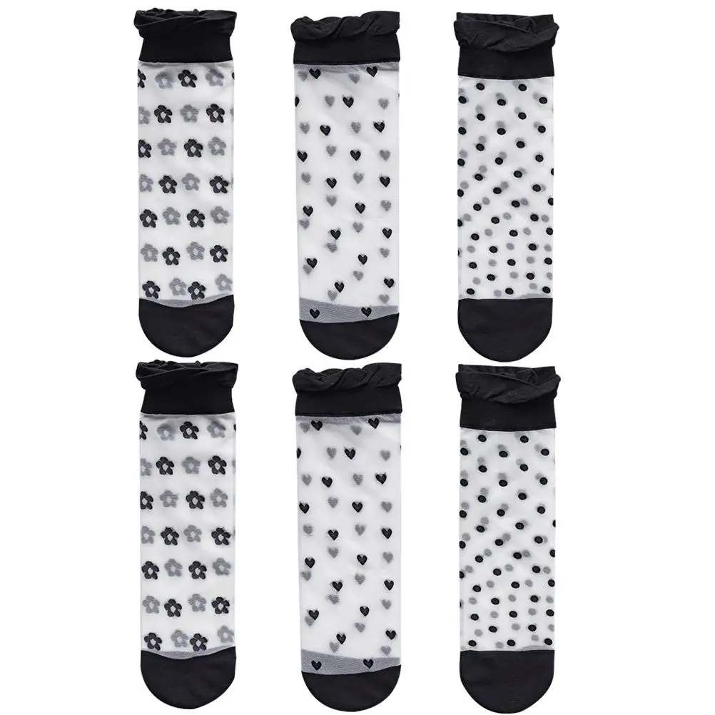

3 Pairs Black White Mid-calf Socks Sheer Transparent Stockings Dot Heart Flower Design Summer Breathable Nylon