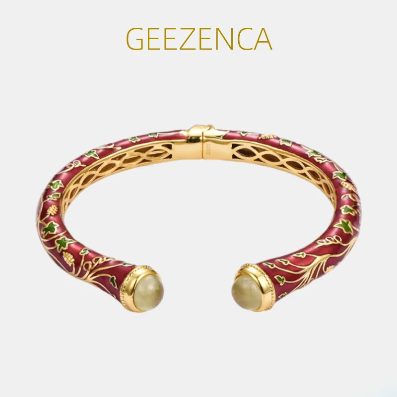 

GEEZENCA Luxury Natural Prehnite 925 Sterling Silver Enamel Red Bangles For Women Vintage Ethnic Cloisonne Cuff Bracelet Gift