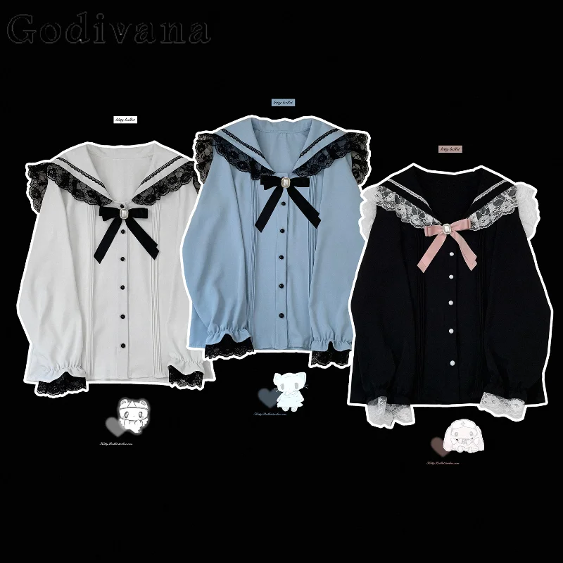 

Y2k Bow Lace Sailor Collar Long Sleeve Shirts Girly Japanese Mine Loose Slim Lolita Chiffon Top Women Elegant Fashion Clothes