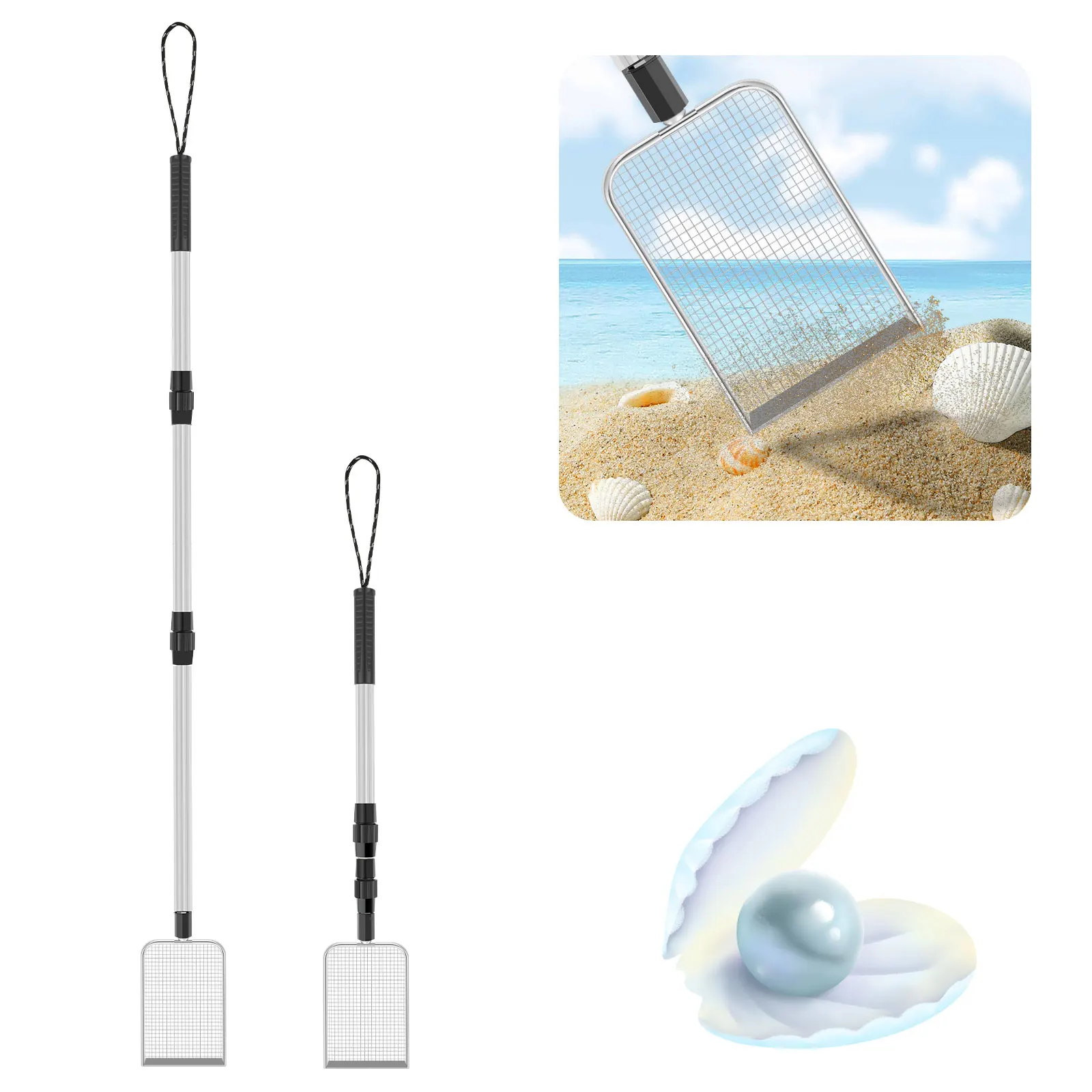 

Лопата для кошачьего туалета и сито для пляжного песка с выдвижной системой акулы из нержавеющей стали для очистки феков с мелкой сеткой