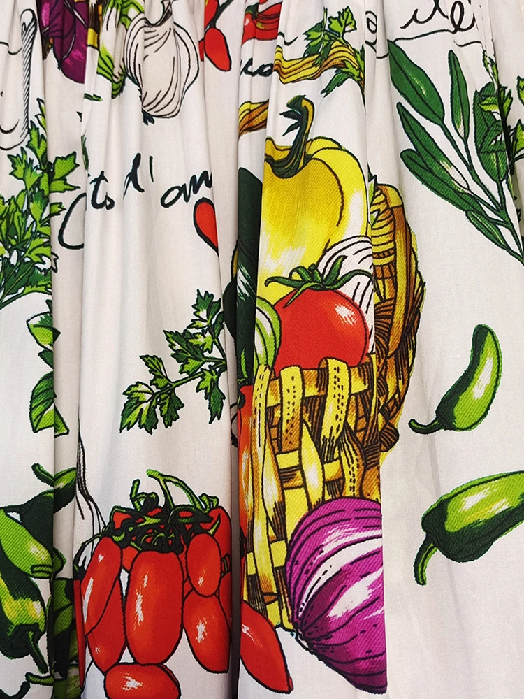 AELESEEN Women 100% Cotton Skirt 2022 Runway Fashion Sicilian Colorful Vegetables Printed Elegant Long Party Holiday Poplin