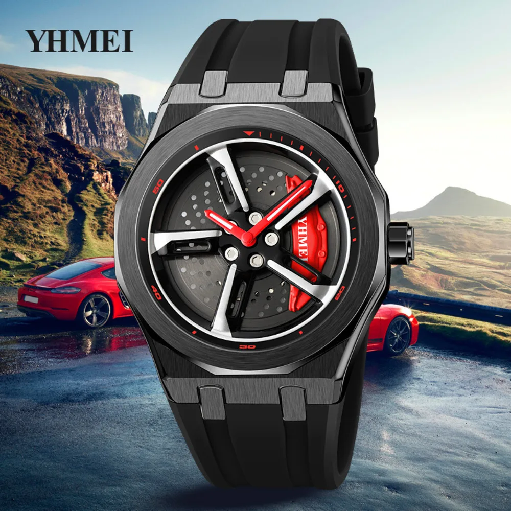 Cool men\'s watches silicone strap wheel hub rotating dial design luminous and waterproof top fashion quartz watch for men