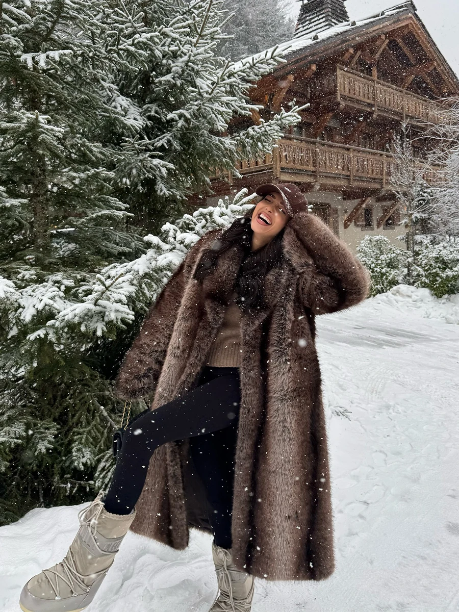 Brown Stripes Gradient Premium Faux Fur Maxi Long Coat Luxury Vintage Fluffy Lapel Collar Midi Coat Pinterest Style Slay Outfits