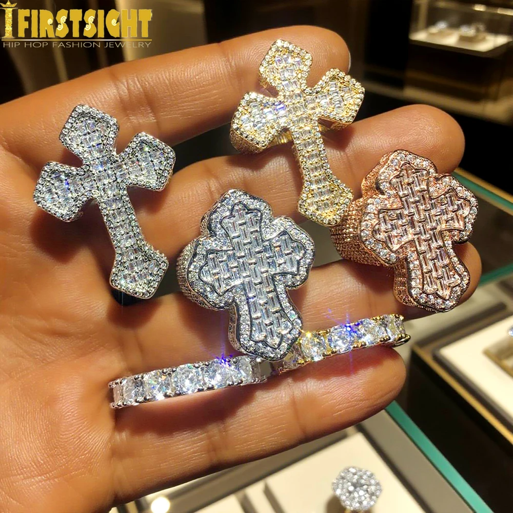 2025 New Bling Cross Ring Iced Out Zircon Prong Setting Gold Color Fashion Luxulry Finger Men Hip Hop Jewelry